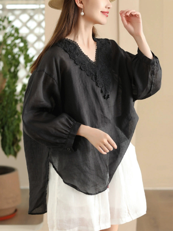 Lace Trim V Neck Semi Sheer Long Sleeve Blouses