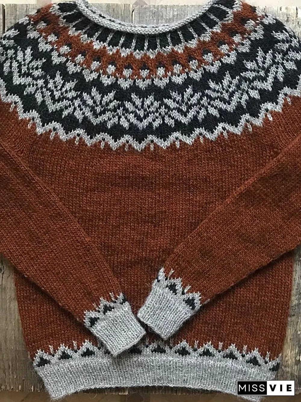 Brown Long Sleeve Vintage Cotton Crew Neck Sweater