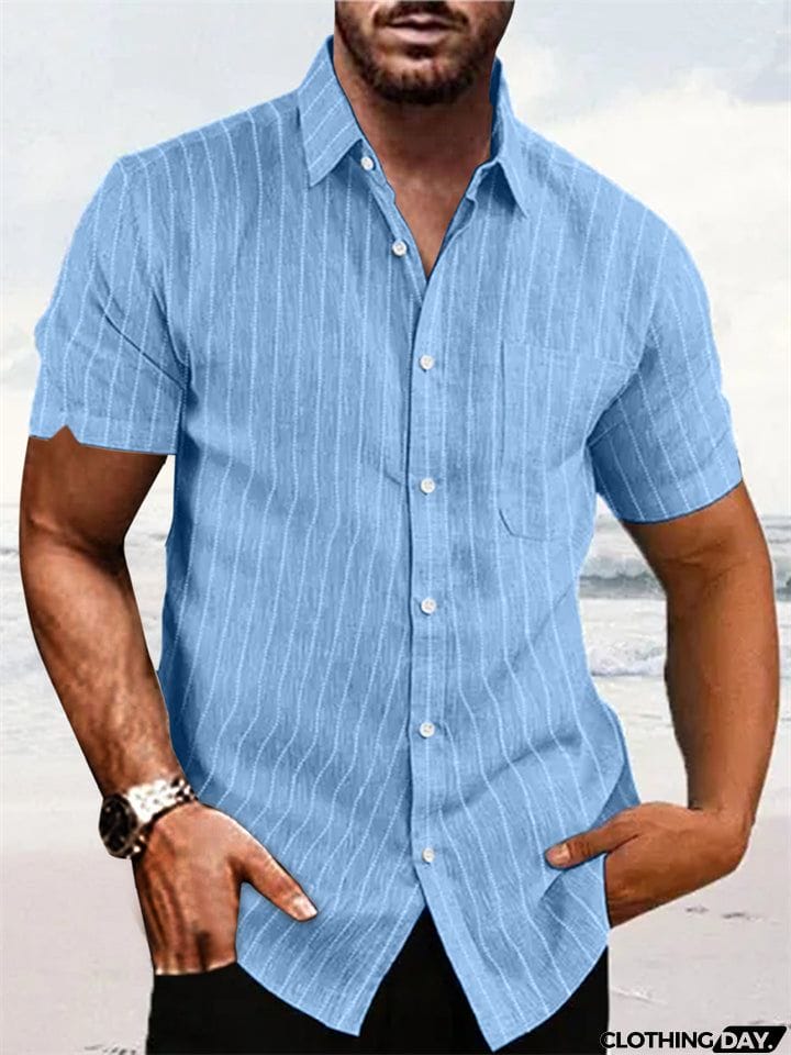 Summer Vertical Stripe Short Sleeve Button Down Linen Shirt for Men