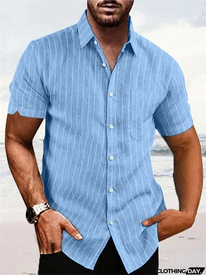 Summer Vertical Stripe Short Sleeve Button Down Linen Shirt for Men