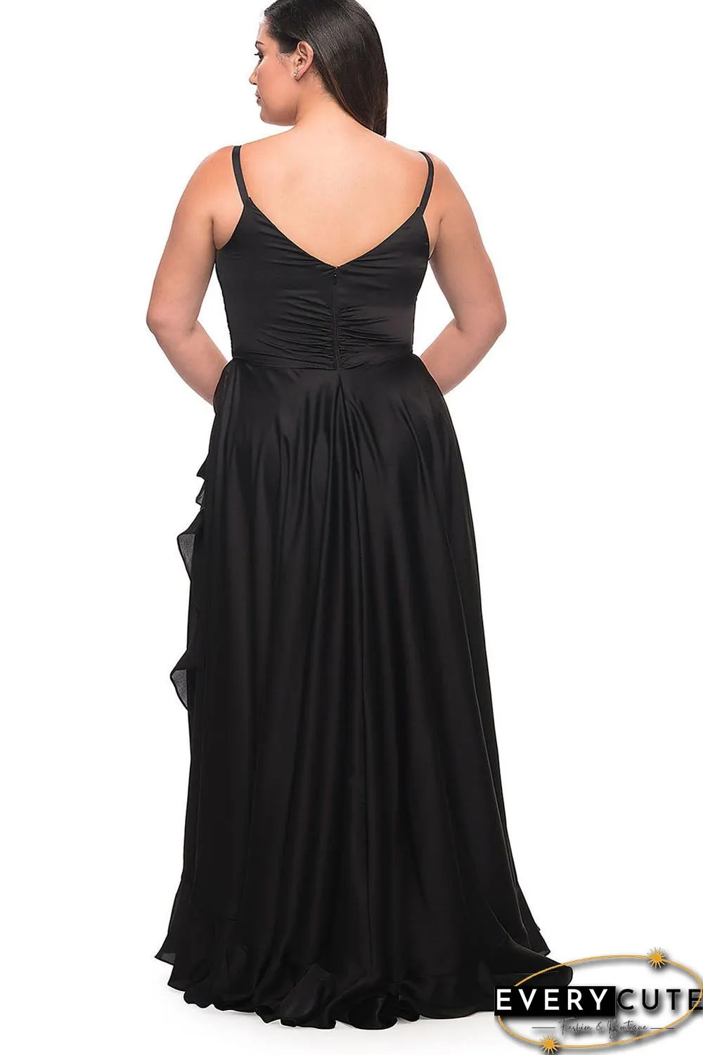 Black Ruffled Thigh High Slit Sleeveless Plus Size Evening Dress