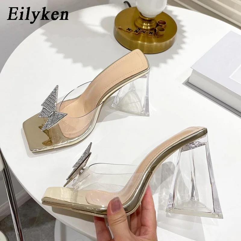 Eilyken Fashion Rhinestone Bowtie Buckle Slippers Women Summer PVC Transparent Jelly Sandals Crystal Perspex Heels Ladies Shoes