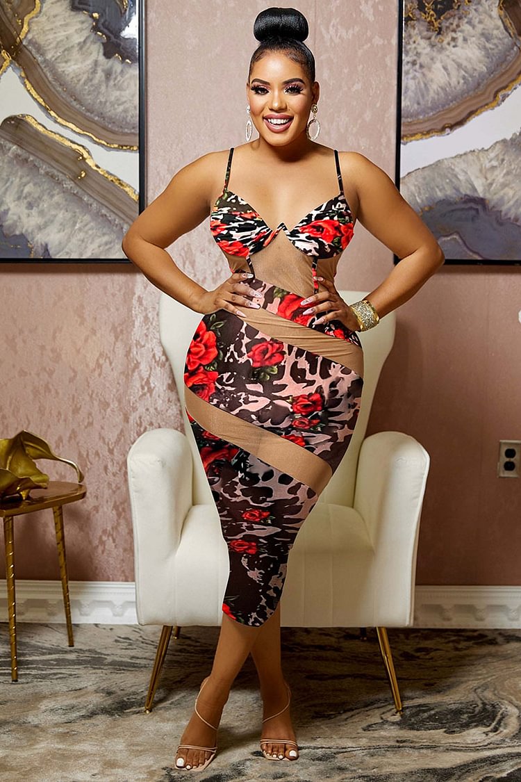 Asymmetric Cut Out Floral Print Bodycon Party Slip Midi Dress [Pre Order]