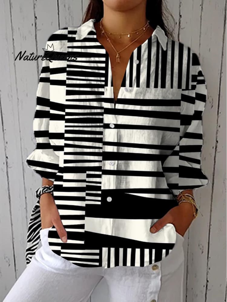 Women's Abstract Geometric Line Pattern Art Print Casual Cotton Linen V-neck Shirt