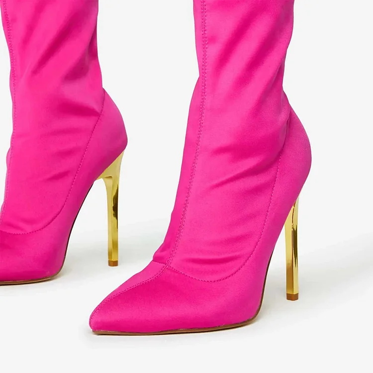 Women'S Hot Pink Satin Boots Elegant Pointed Toe Stiletto Heels Ankle Boots |FSJ Shoes