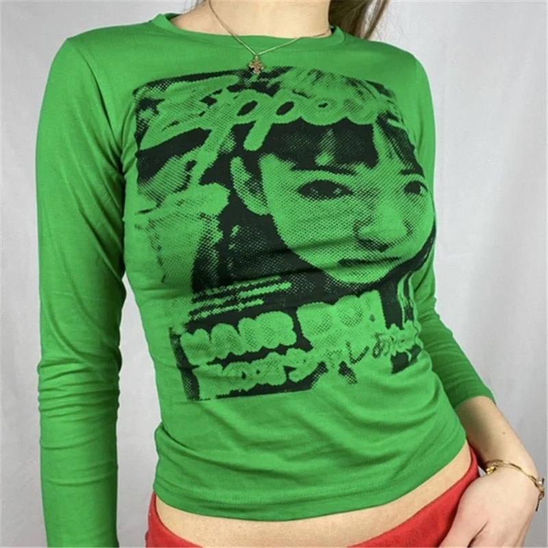 Xingqing Gothic Portrait Print T-shirt Aesthetic Short Sleevle Sweats Tees Harajuku Streetwear White Crop Top Women Clothes