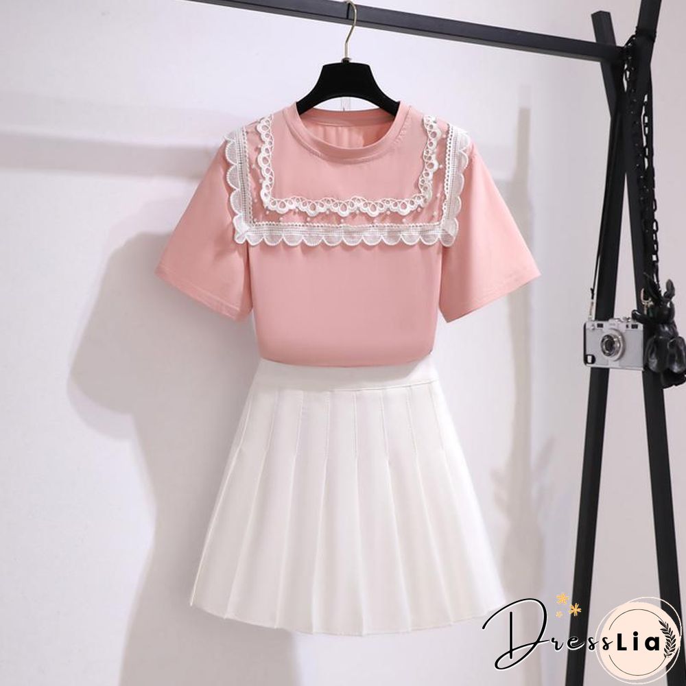 Patchwork Lace Tee+Pleated Skirt P13867