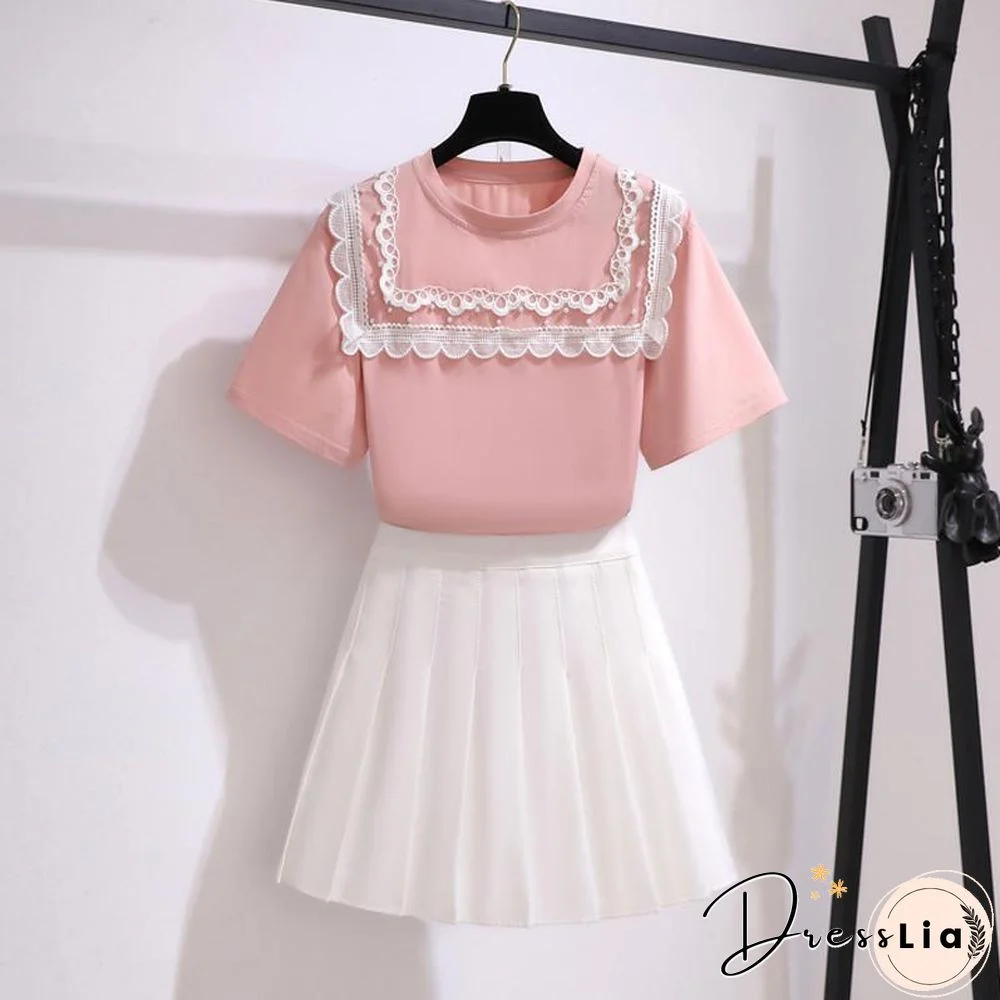 Patchwork Lace Tee+Pleated Skirt P13867