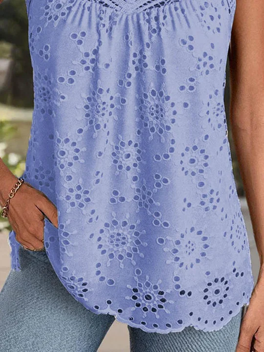 Women Sleeveless Scoop Neck Solid Lace Tops