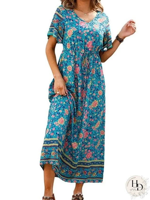 Casual Dress Swing Dress Floral Dress Long Dress Maxi Dress Black Blue Royal Blue Short Sleeve Floral Print Spring Summer V Neck Loose Fit S M L XL XXL 3XL for Women