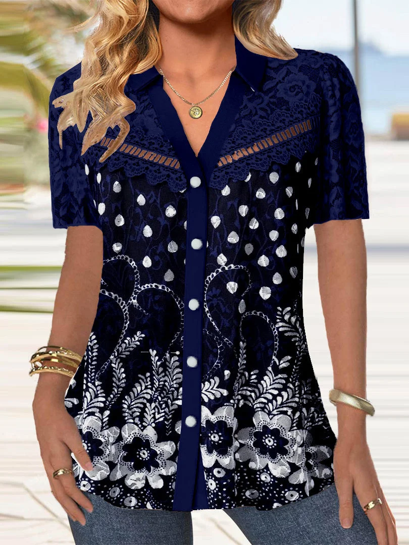 Women's Short Sleeve V-neck Floral Printed Lace Stitching Tops