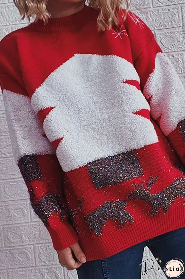 Christmas Pattern Knitted Crew Neck Long Sleeved Sweater
