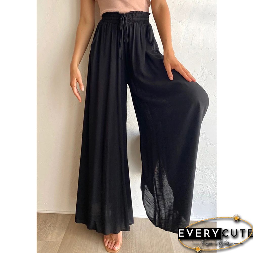 Black Elastic Waist High Waist Wide Leg Pants