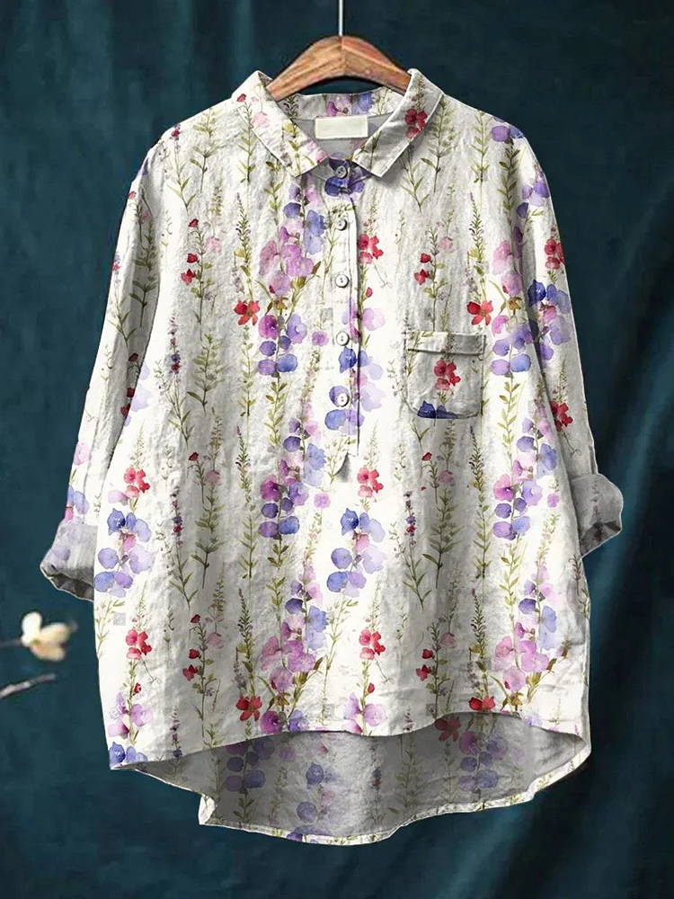 Women's Floral Art Print Casual Cotton And Linen Shirt