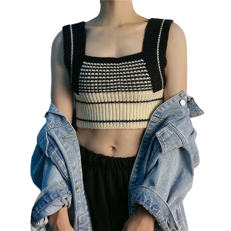 Womens Autumn Fashion Knitted Vest Loose Patchwork Sweater Vintage Square Neck Sleeveless