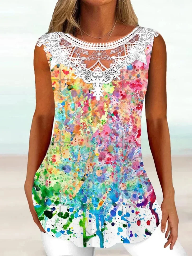 Women's Sleeveless Low Round Neck Pattern Printed Lace Top