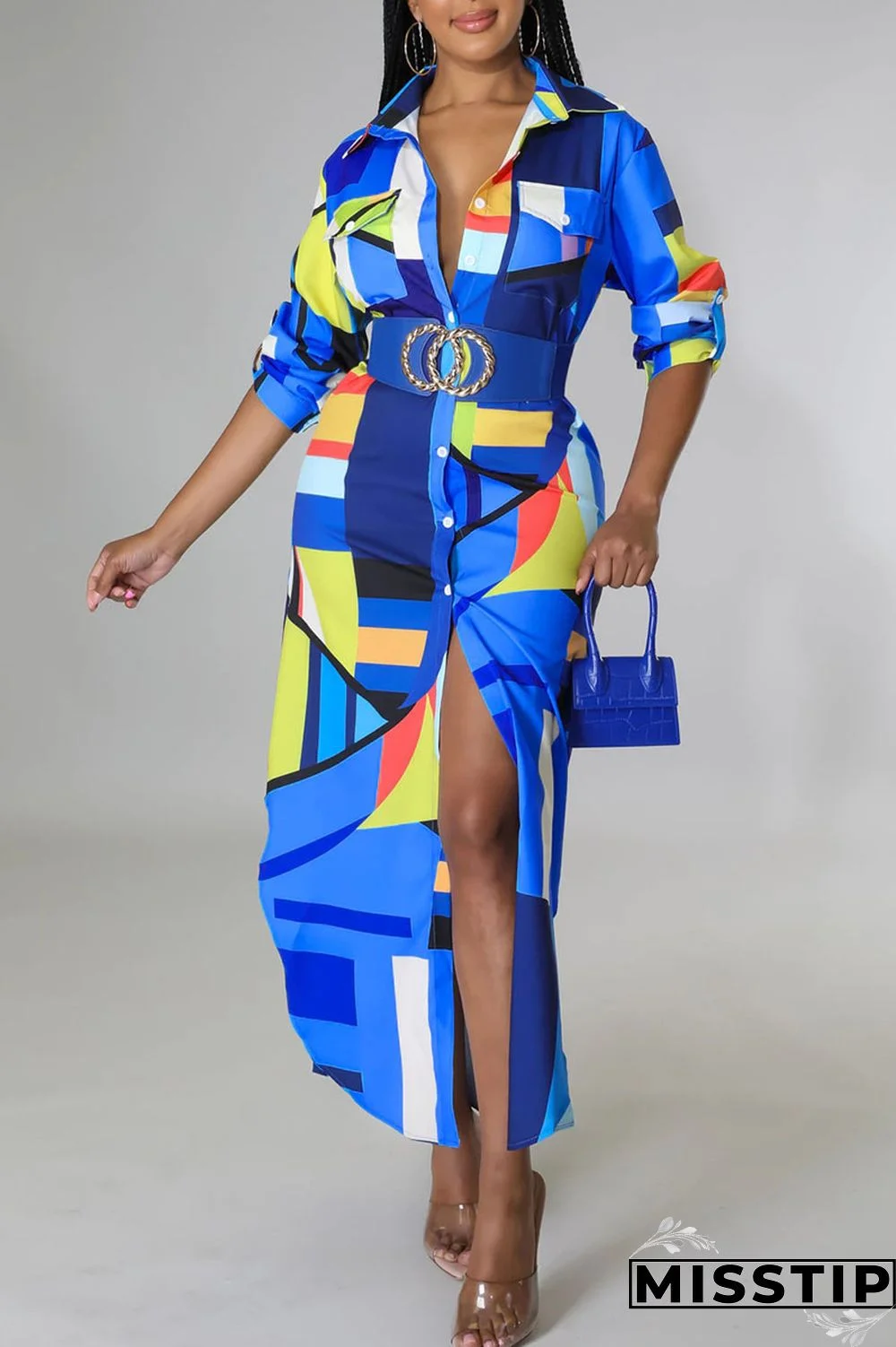 Blue Casual Print Patchwork Buckle Turndown Collar Shirt Dress Dresses