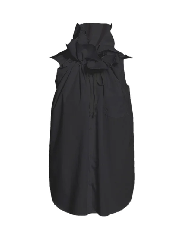 Solid Color Pleated Drawstring Buttoned Sleeveless Loose Stand Collar Vest Top
