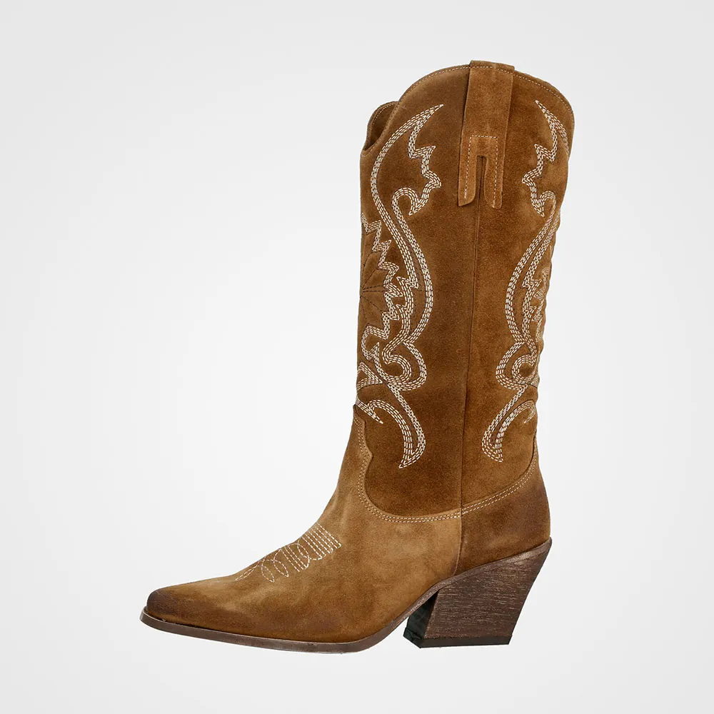 Brown Vegan Suede Closed Toe Embroidered Cowboy Boots for Women
