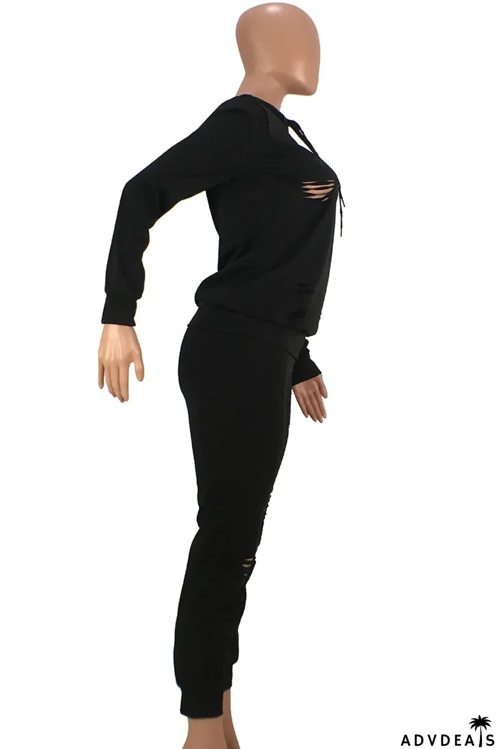 Brown Fashion Solid Ripped Hooded Collar Long Sleeve Two Pieces