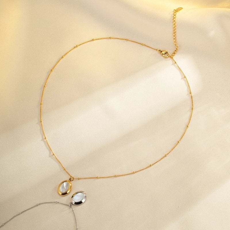 Casual Minimalist Oval Titanium Steel Shell Inlay Pendant Necklace