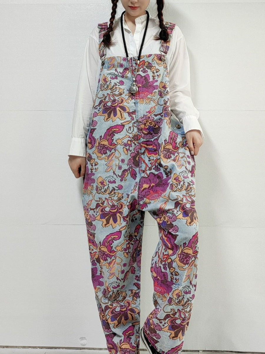 Women's Floral Printed Casual Retro Cropped Workwear Denim Overalls Jumpsuit