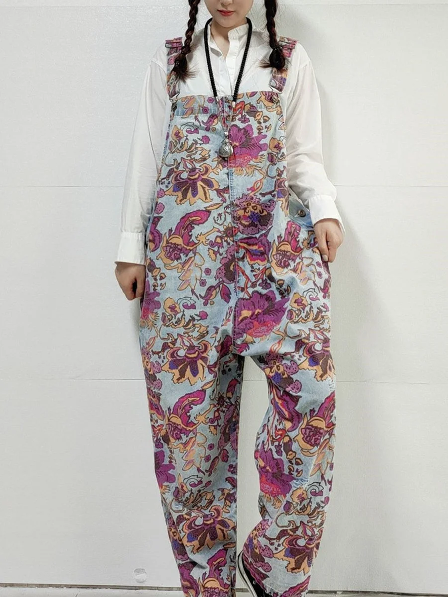 Women's Floral Printed Casual Retro Cropped Workwear Denim Overalls Jumpsuit
