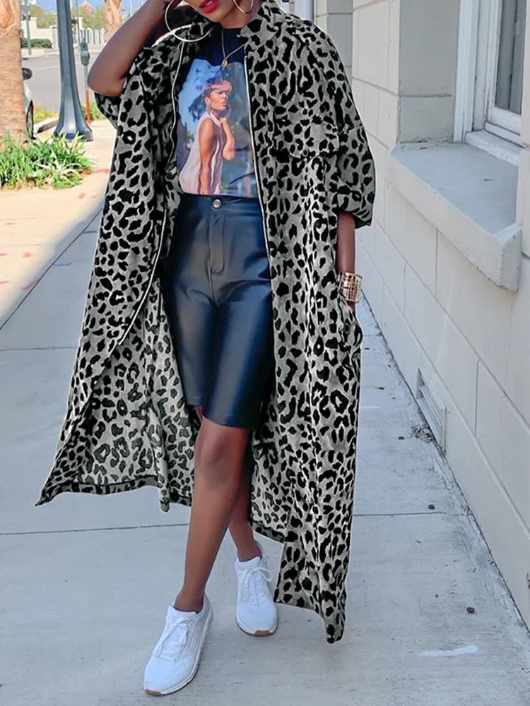 Large size leopard print long sleeves pockets women's jacket QueenFunky