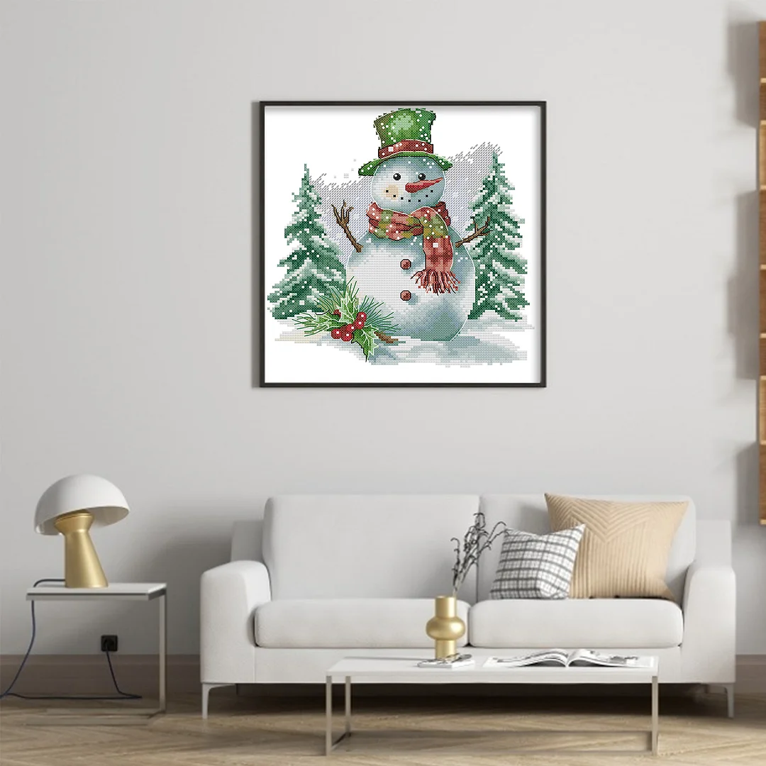 Green Snowman Partial 14CT DIY Stamped Cross Stitch Kits for Adults 27x28cm