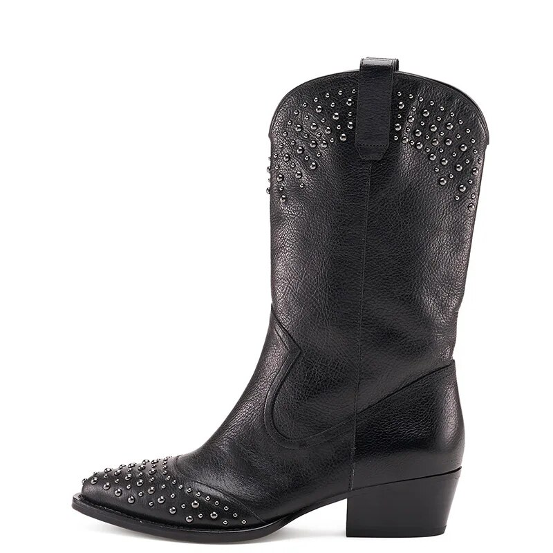TAAFO Black Rivets Med-Calf Boots High Chunky Heels Women Pointed Toe Ladies Shoes