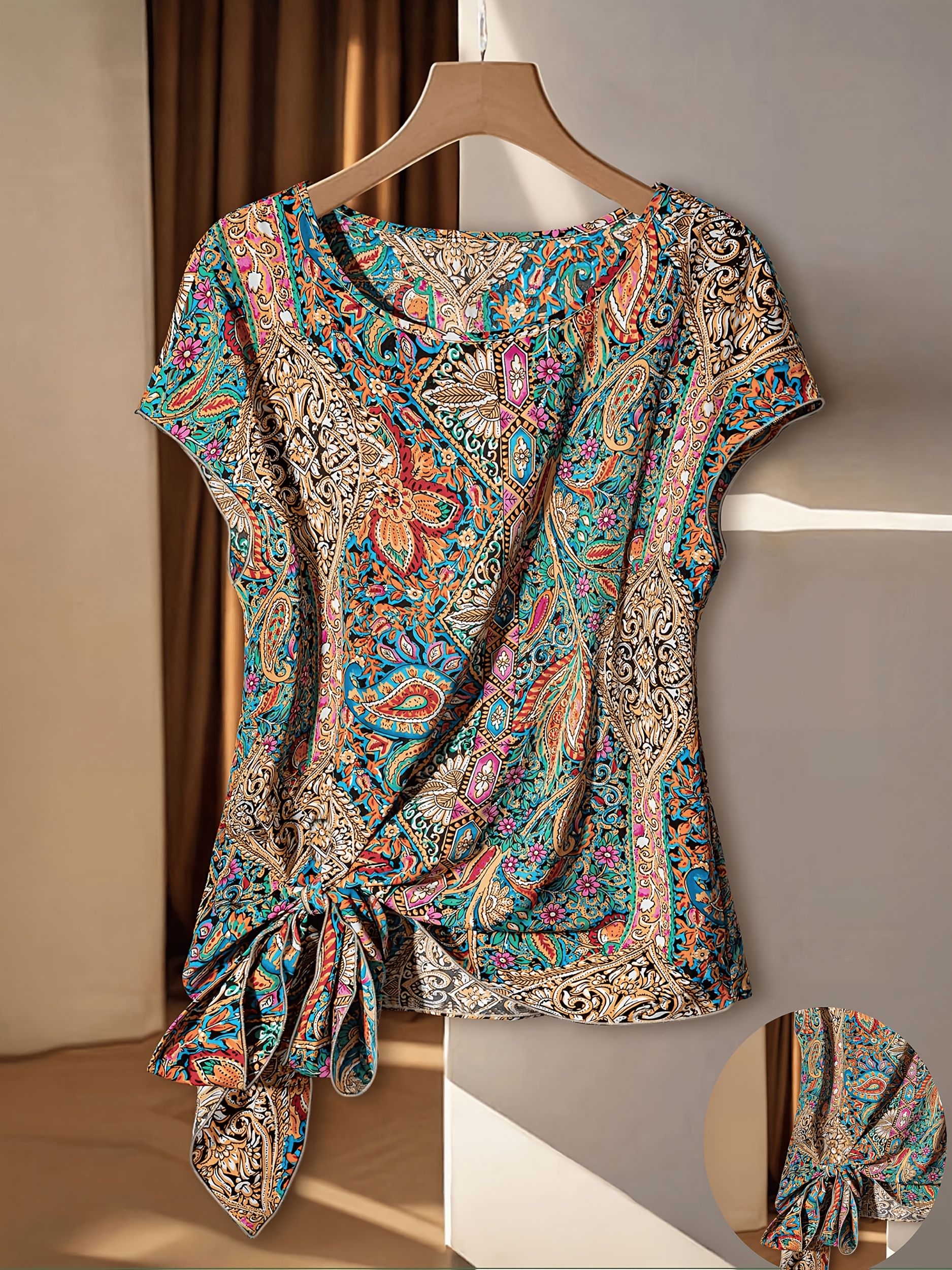 Women's Middle Eastern-Inspired Sleeveless Summer Shirt - Round Neck Tie-Front & Asymmetrical Hem Blouse With Paisley Pattern, Lightweight Machine-Washable Top For Casual Vacation Or Beach Outings, Elegant Summer Blouse, Resort Wear, Breathable Fabric | IFYHOME