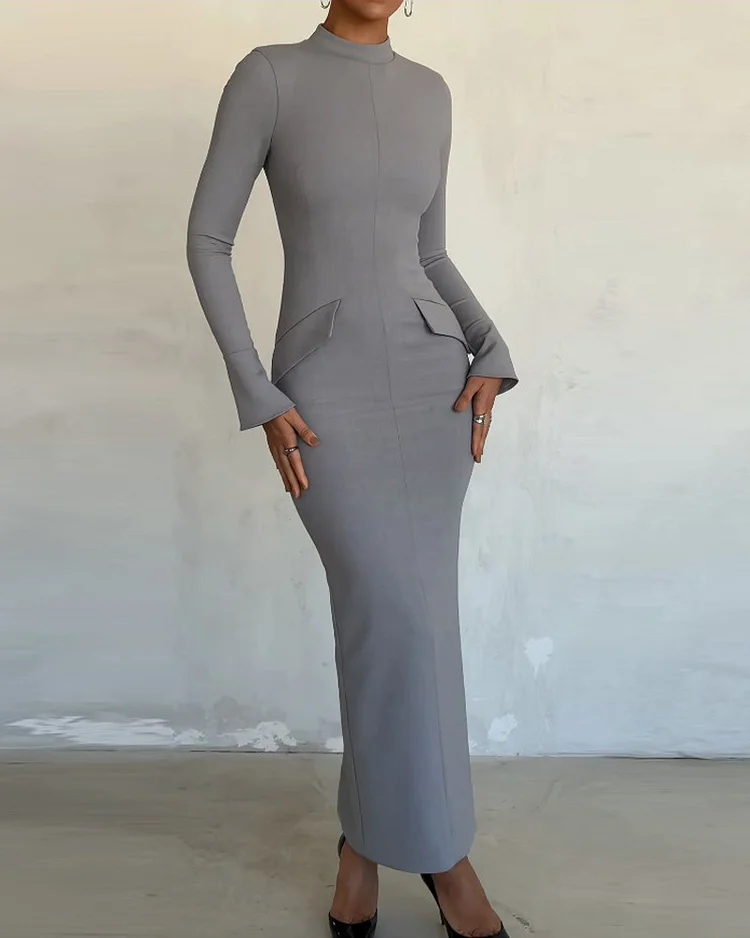 Long Sleeve Solid Color Casual Dress