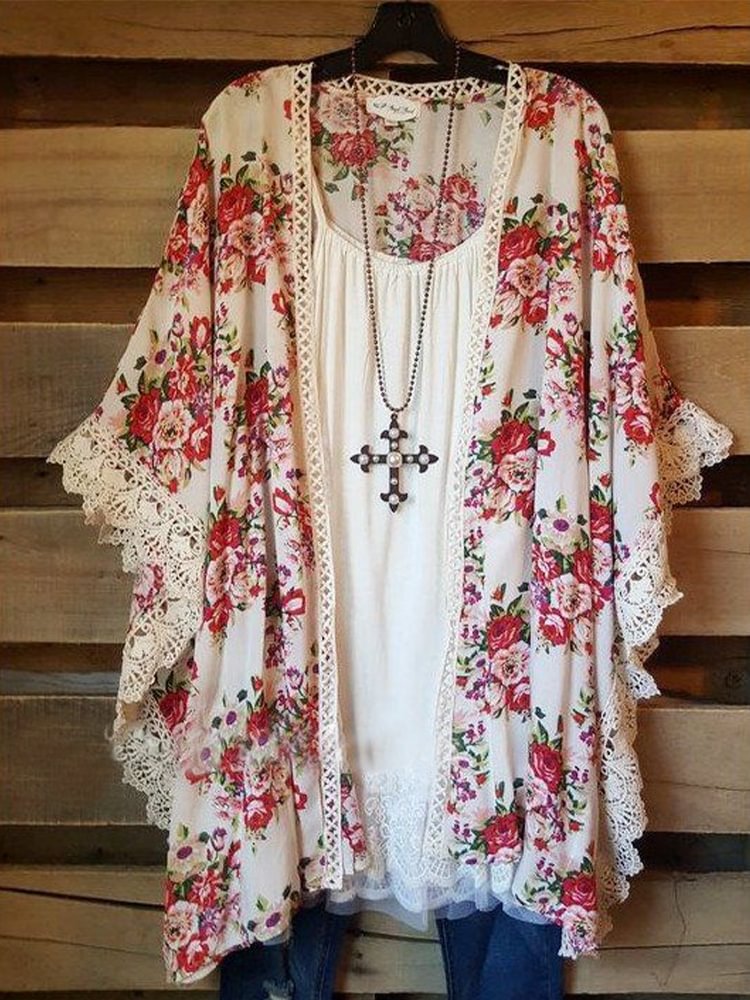 Exclusive Red Floral Printed Sweet Oversized Casual Kimono Chiffon Outerwear P177042305