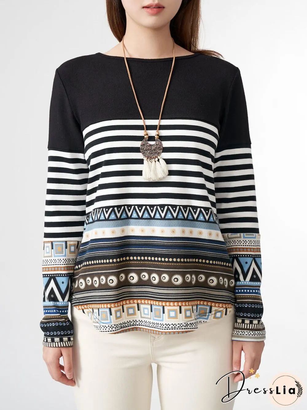 Stripe Tribal Pattern Long Sleeve Crew Neck Casual Sweatshirt