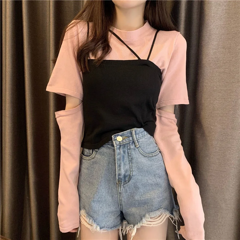 Toloer Toloer 2024 New Korean Wind Detachable Sleeve Knit T-Shirt Knit Sling Vest Wearing A Suit Schoolgirl-Outfit Ideas