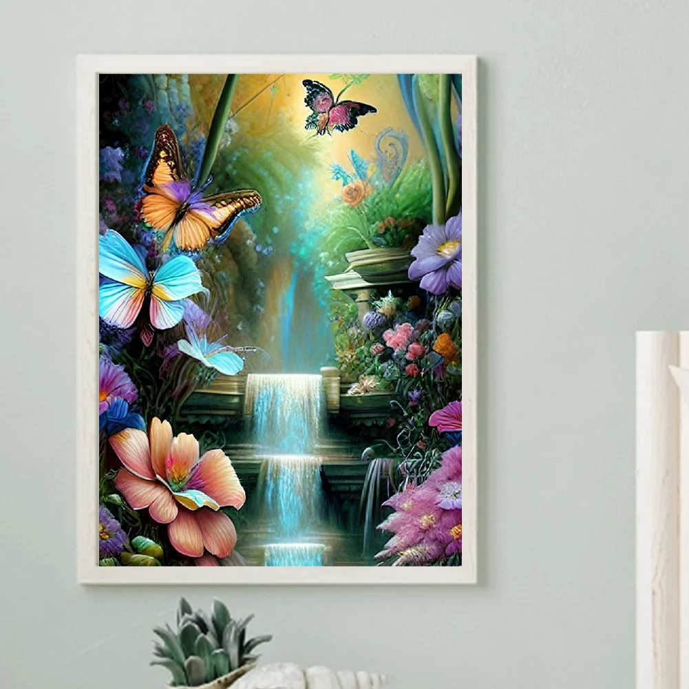 Diamond Painting - Full Round Drill - Flower Butterfly Waterfall(30*40cm)