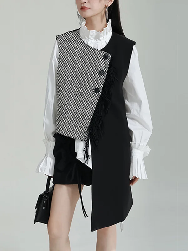 Ruffle Sleeves Sleeveless Asymmetric Buttoned Houndstooth Vest Outerwear