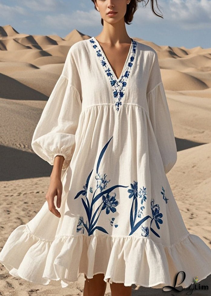 Beautiful White Oversized Print Cotton Dress Bracelet Sleeve