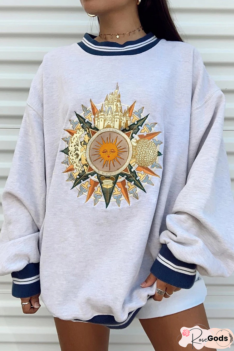 Moon Sun Print Round Neck Sweatshirt