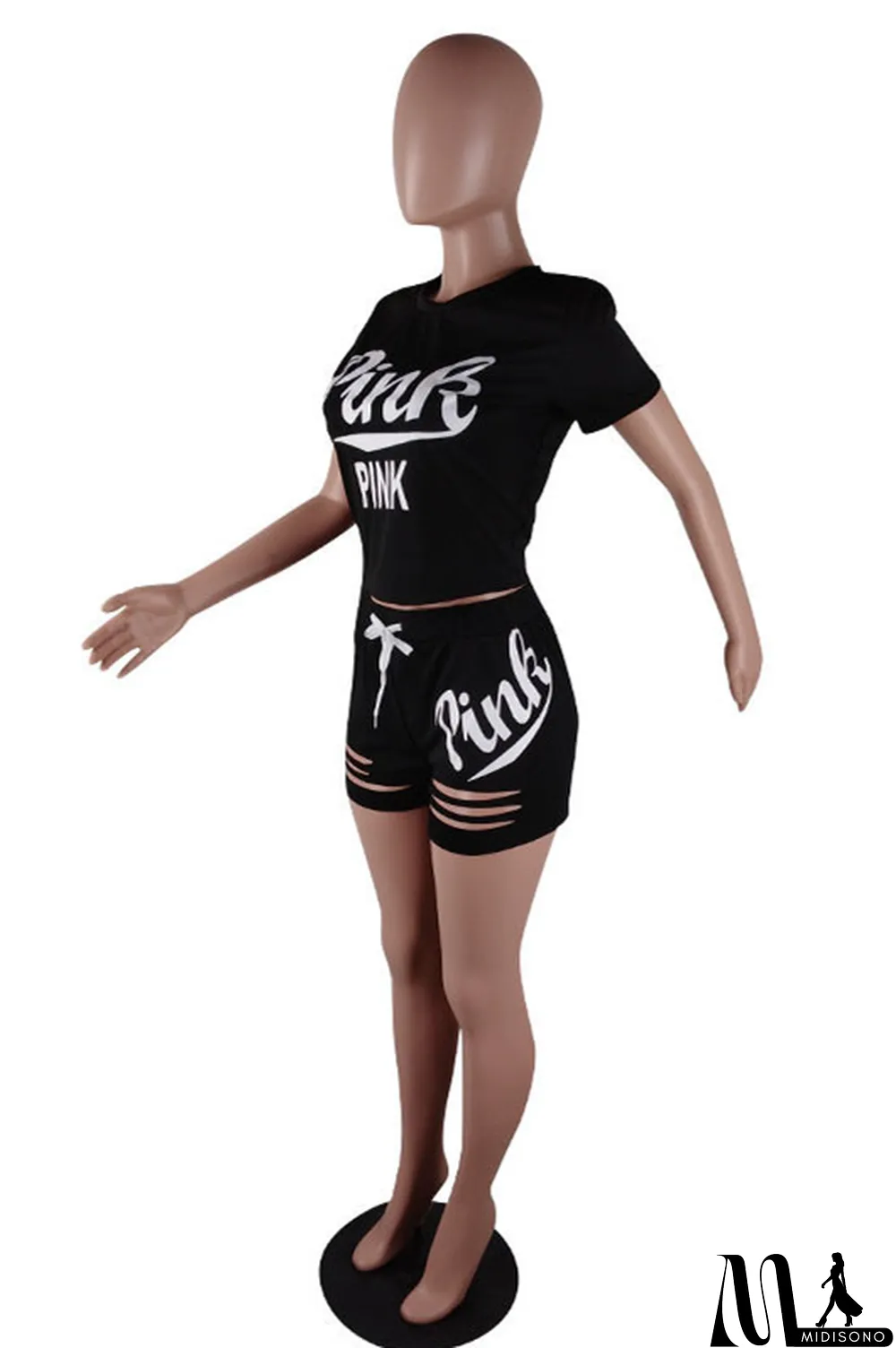 MidiSono - Pink Fashion Casual Letter Print Ripped O Neck Short Sleeve Two Pieces