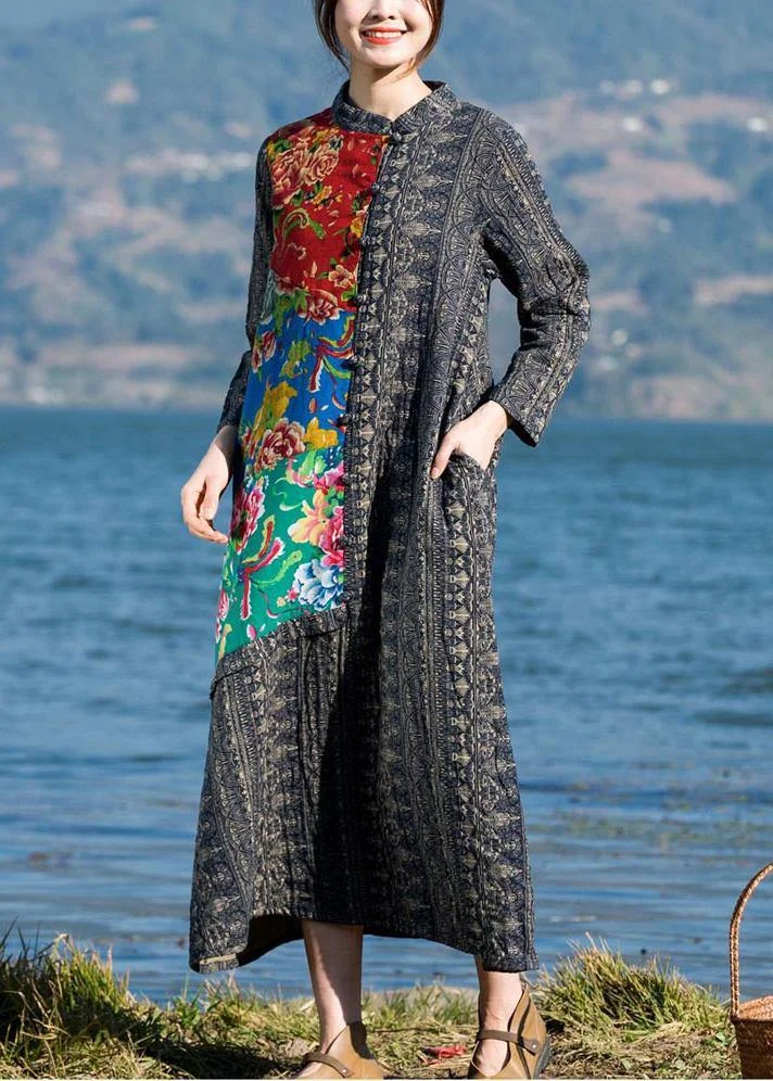 French O Neck Patchwork Spring Dresses Sewing Print Long Dress