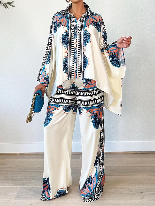 Women's Casual Printed Dolman Sleeve Top and Wide-Leg Trousers Two-Piece Set | Oxredo Shop Ramadan Sale
