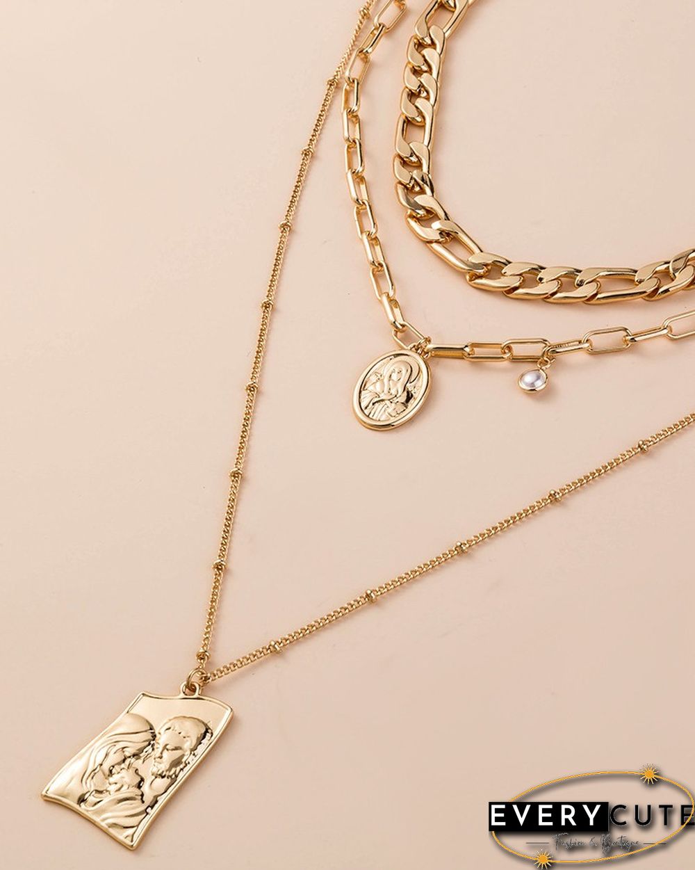 3PCS Coin Pattern Pendant Beaded Layered Necklace