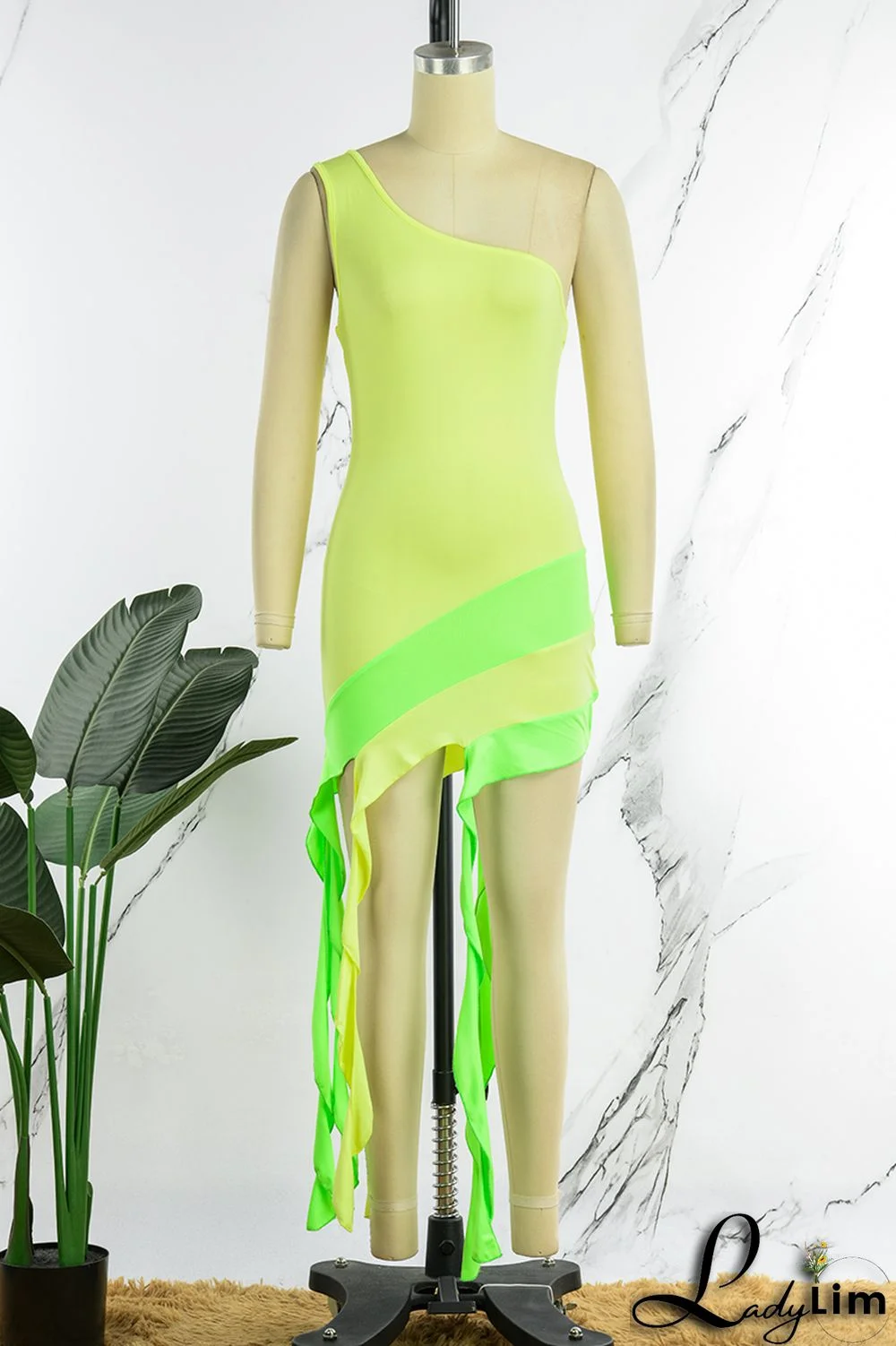 Yellow Sexy Patchwork Backless Contrast One Shoulder Sleeveless Dress Dresses