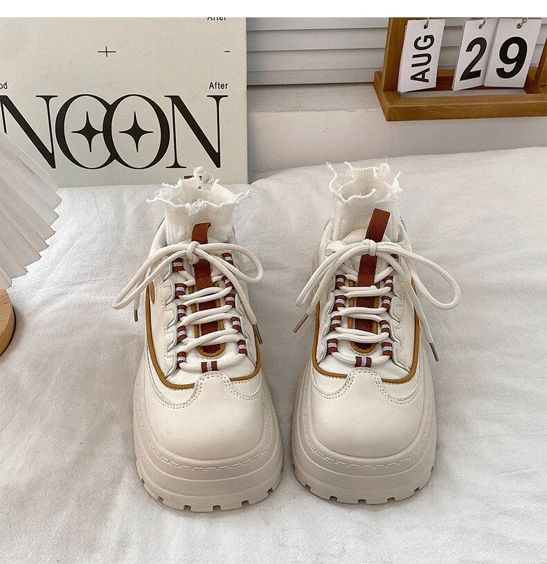 Lourdasprec Thick-soled single shoes women's  new spring and autumn Korean lace-up all-match college style leather shoes