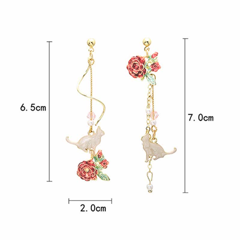 Asymmetrical Cat Blossom 925 Sterling Silver Stud Earrings Ear Clip