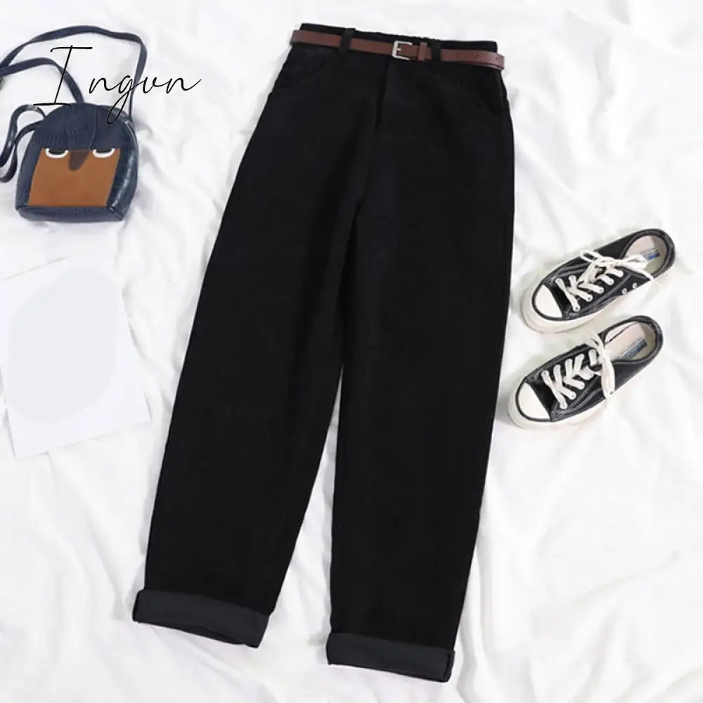 Ingvn - High Waist Wide Leg Corduroy Long Pants With Belt Black / S