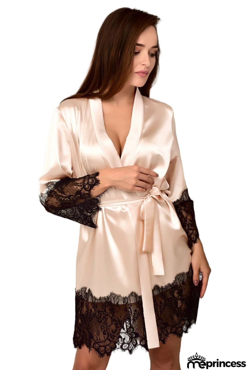 Satin Kimono Robe with Lace Trims