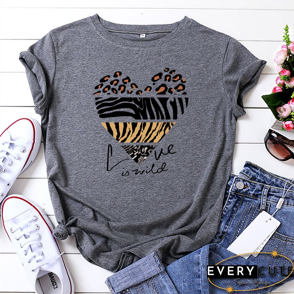 White Woman Tshirts Summer TShirt Fashion Heart Leopard Print Shirt 100%Cotton Tops O Neck Short Sleeve Tees Women Graphic Tee