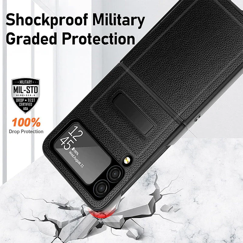 For Samsung Z Flip 3/4 Lychee Pattern Hinge Invisible Kickstand Phone Case